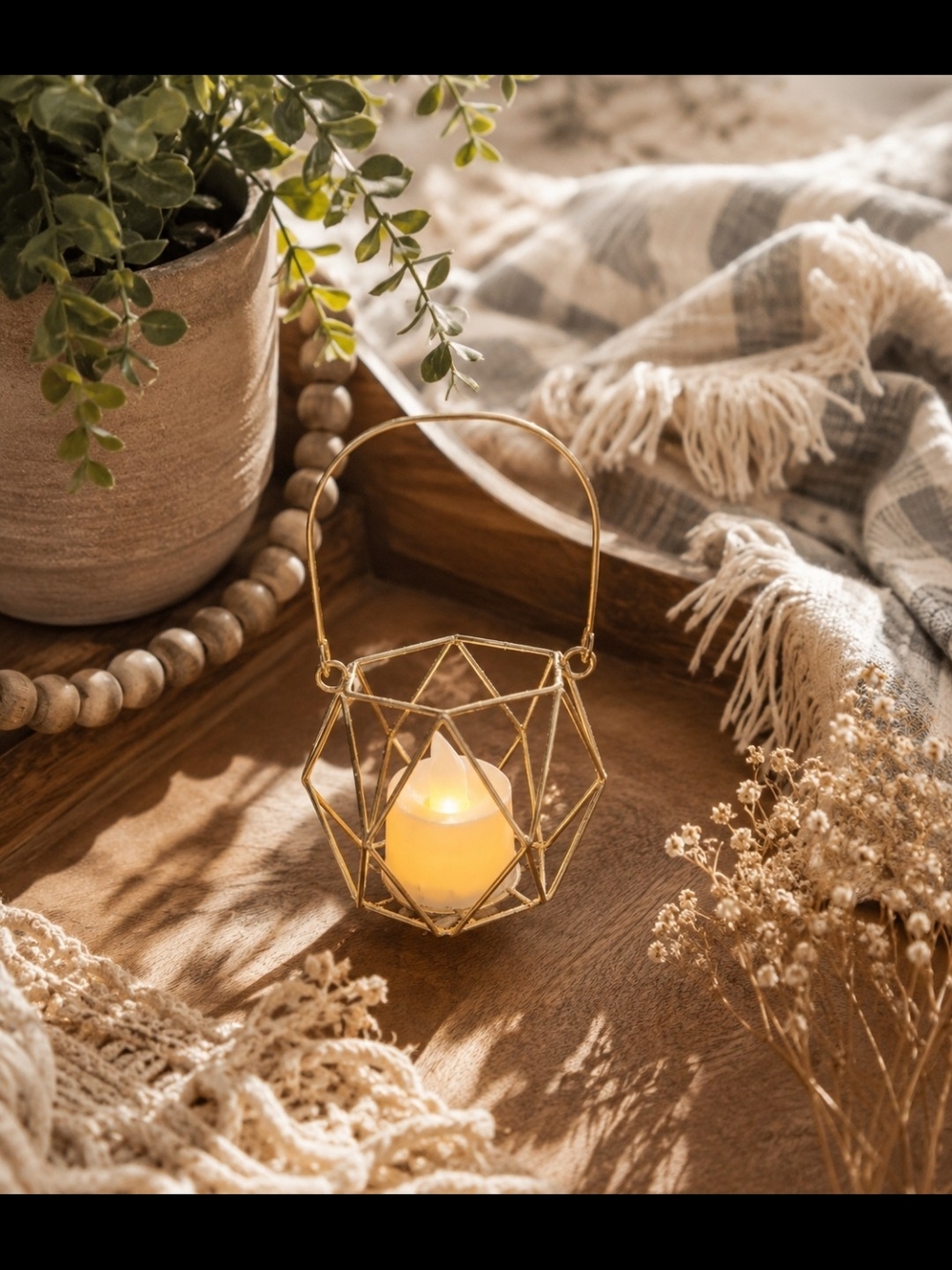 Unique Gold Geometric Lantern Candle Home Accents Decor Styling Boho W/ Hanging
